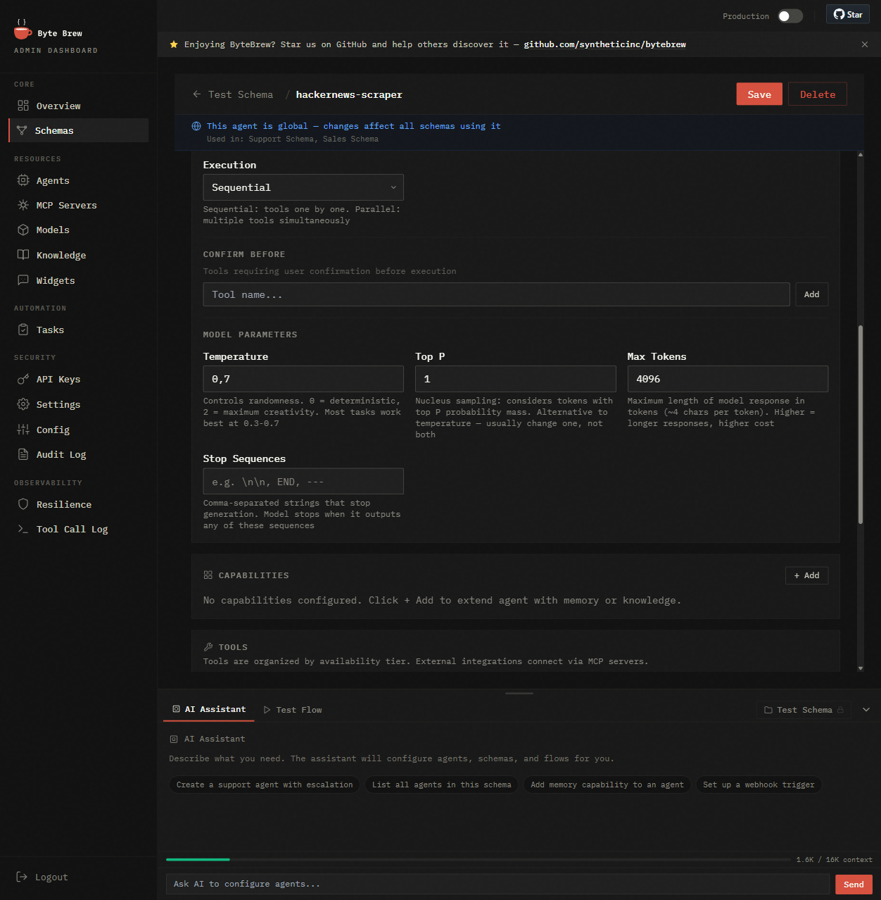 Agent detail — model, system prompt, tools, spawn rules
