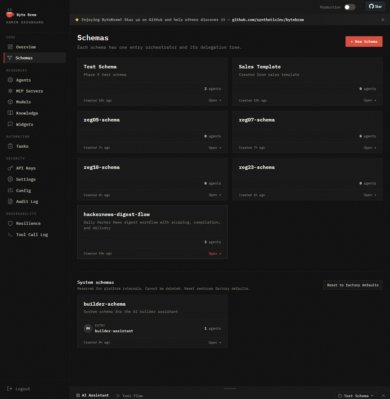 Admin Dashboard — schemas list with AI Assistant panel